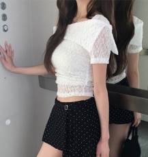 새버진 오프숄더 플라워 레이스 크롭 반팔 티셔츠
