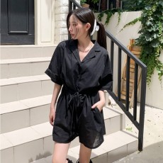 번치타 린넨 스트링 카라 반팔 점프수트